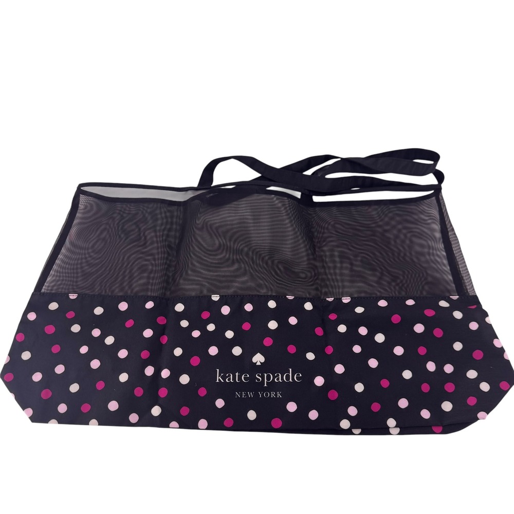 Kate Spade New York Mesh Tote Bag Black Pink Polka Dot Packable Beach Bag Large - Picture 3 of 9